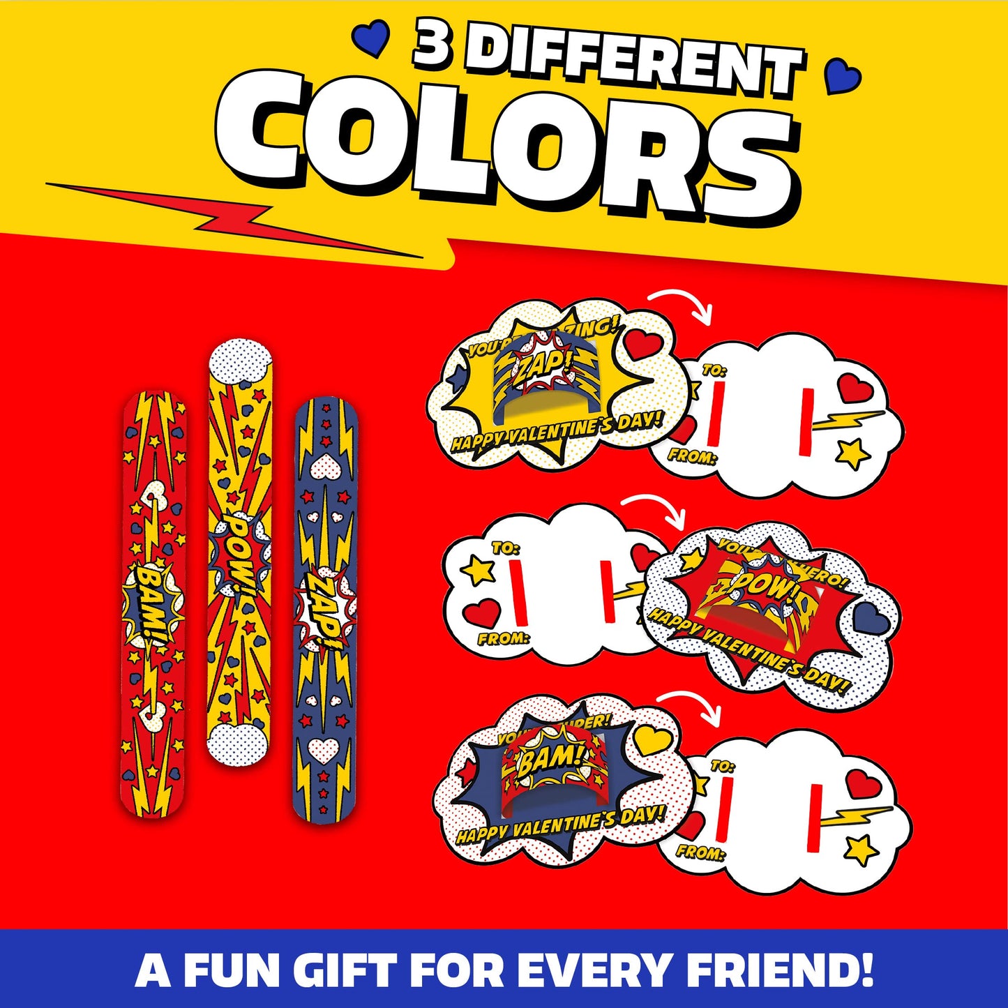 Peaceable Kingdom Kid Power Valentines Cards with Slap Bracelets | 28-Card Classroom Gift Set