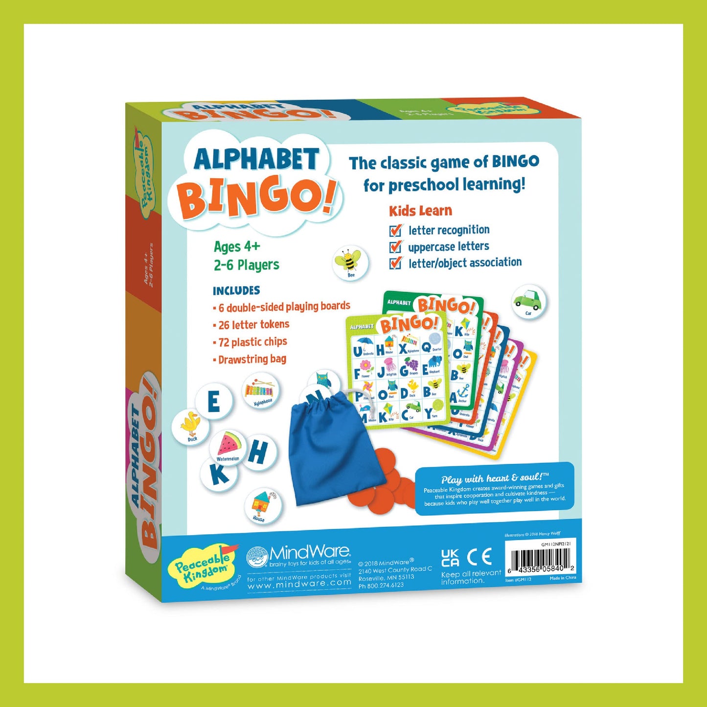 Peaceable Kingdom Alphabet Bingo! – Letter Learning Board Game for 2–6 Players, Ages 4+