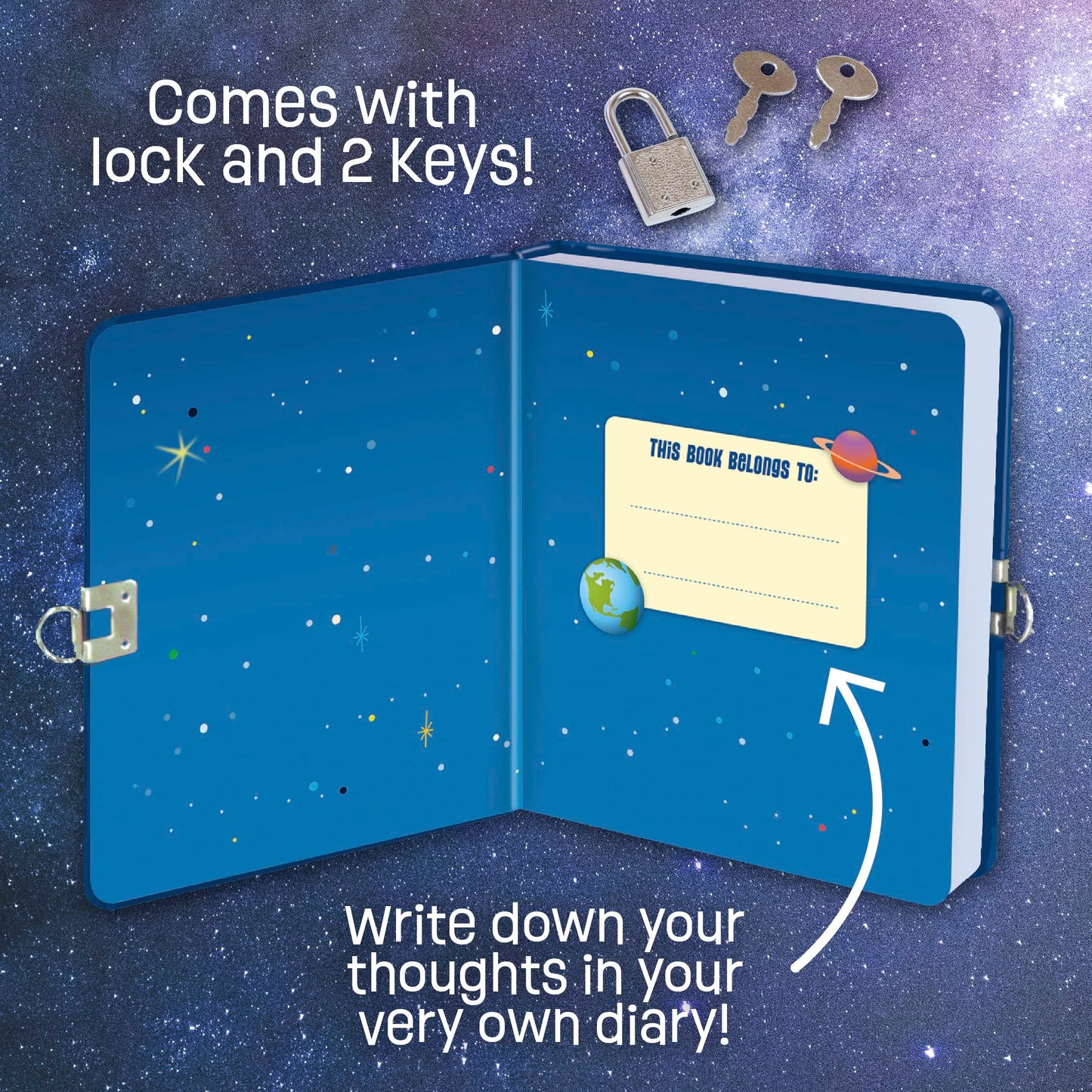 Peaceable Kingdom Deep Space Glow-in-the-Dark Lock & Key Diary for Kids – 5.5 x 6.25 in