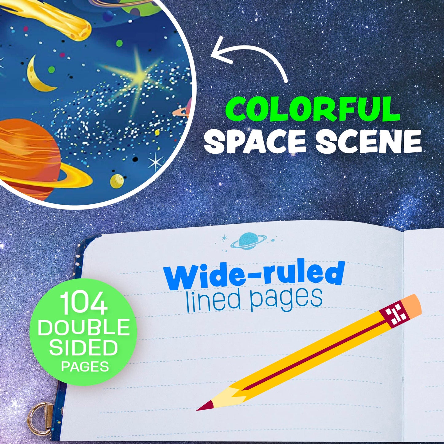 Peaceable Kingdom Deep Space Glow-in-the-Dark Lock & Key Diary for Kids – 5.5 x 6.25 in