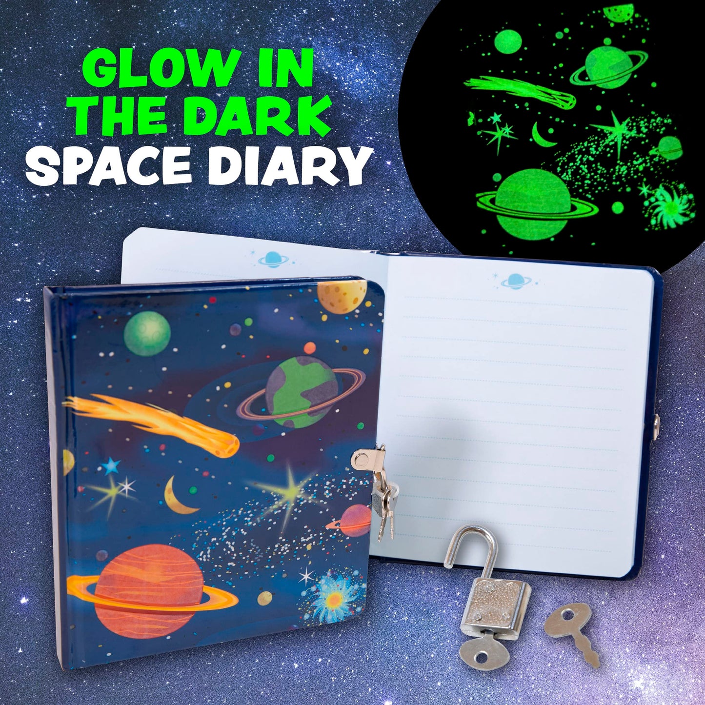 Peaceable Kingdom Deep Space Glow-in-the-Dark Lock & Key Diary for Kids – 5.5 x 6.25 in
