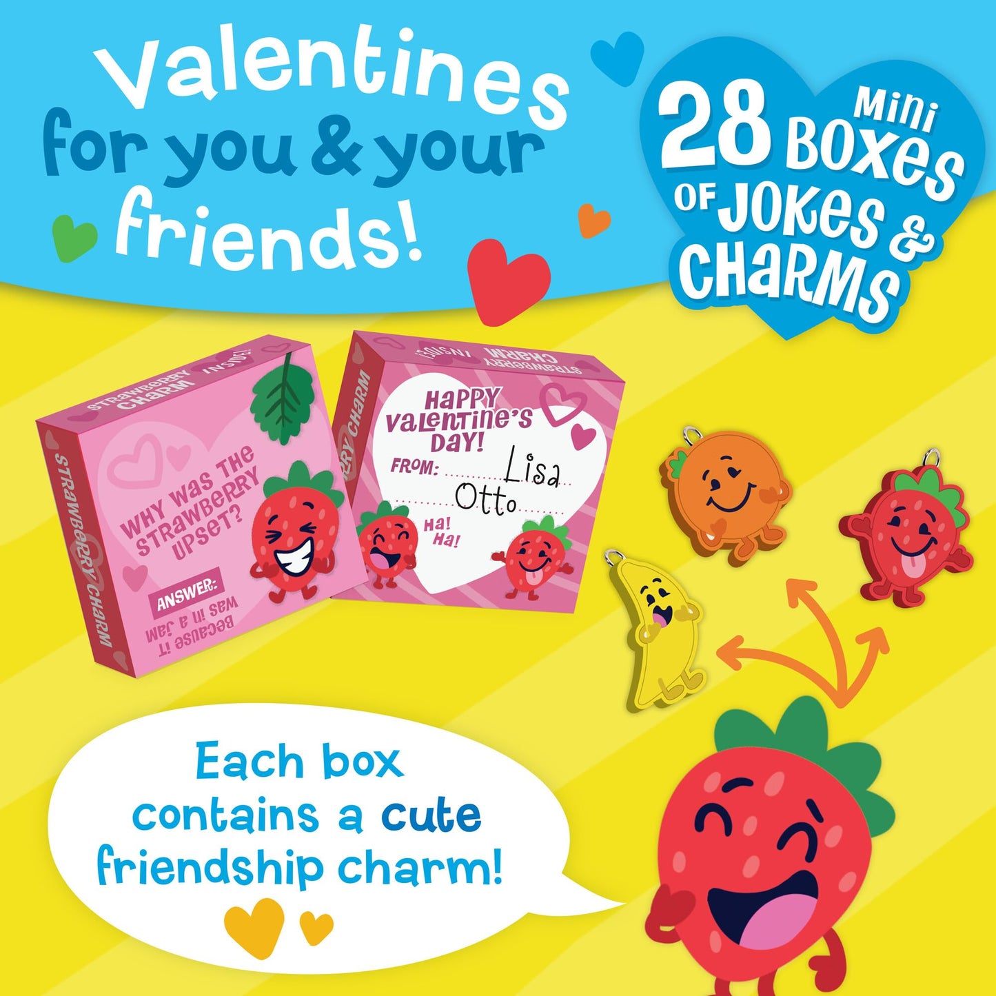 Peaceable Kingdom Valentines Cards for Kids – 28 Card Set with Fruit Charms & Silly Jokes