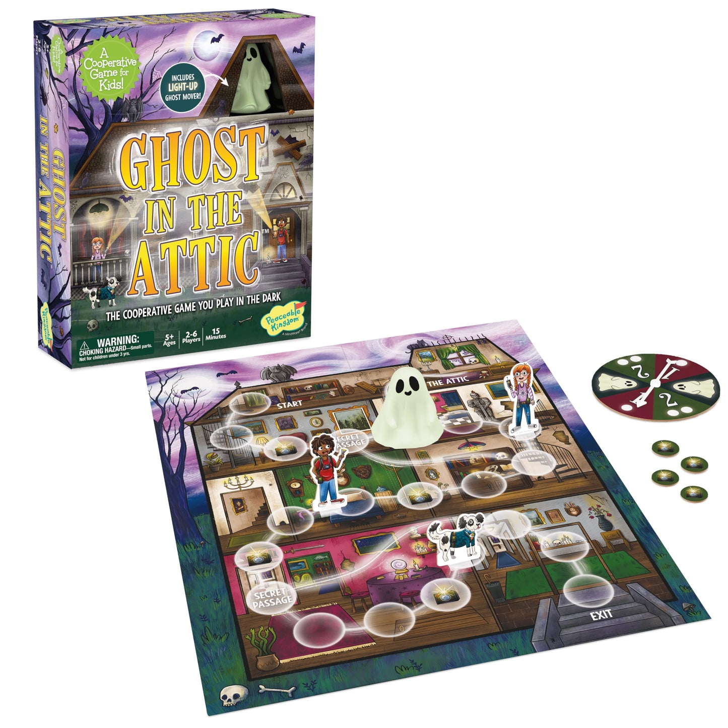 Peaceable Kingdom Ghost in The Attic – Glow-in-the-Dark Cooperative Family Board Game (Ages 5+)