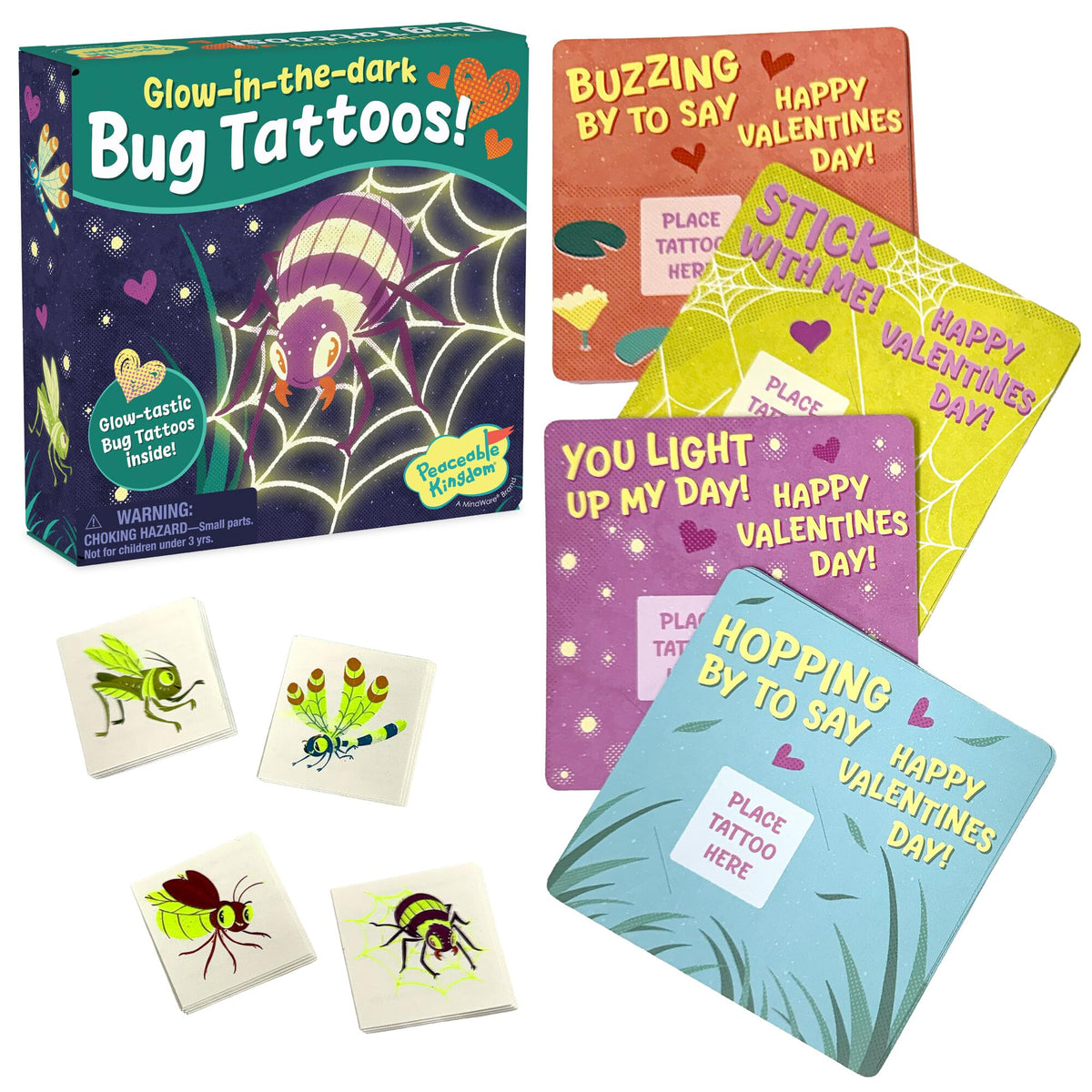 Peaceable Kingdom 28 Glow-in-the-Dark Bug Tattoos – Valentines Cards & Classroom Favors