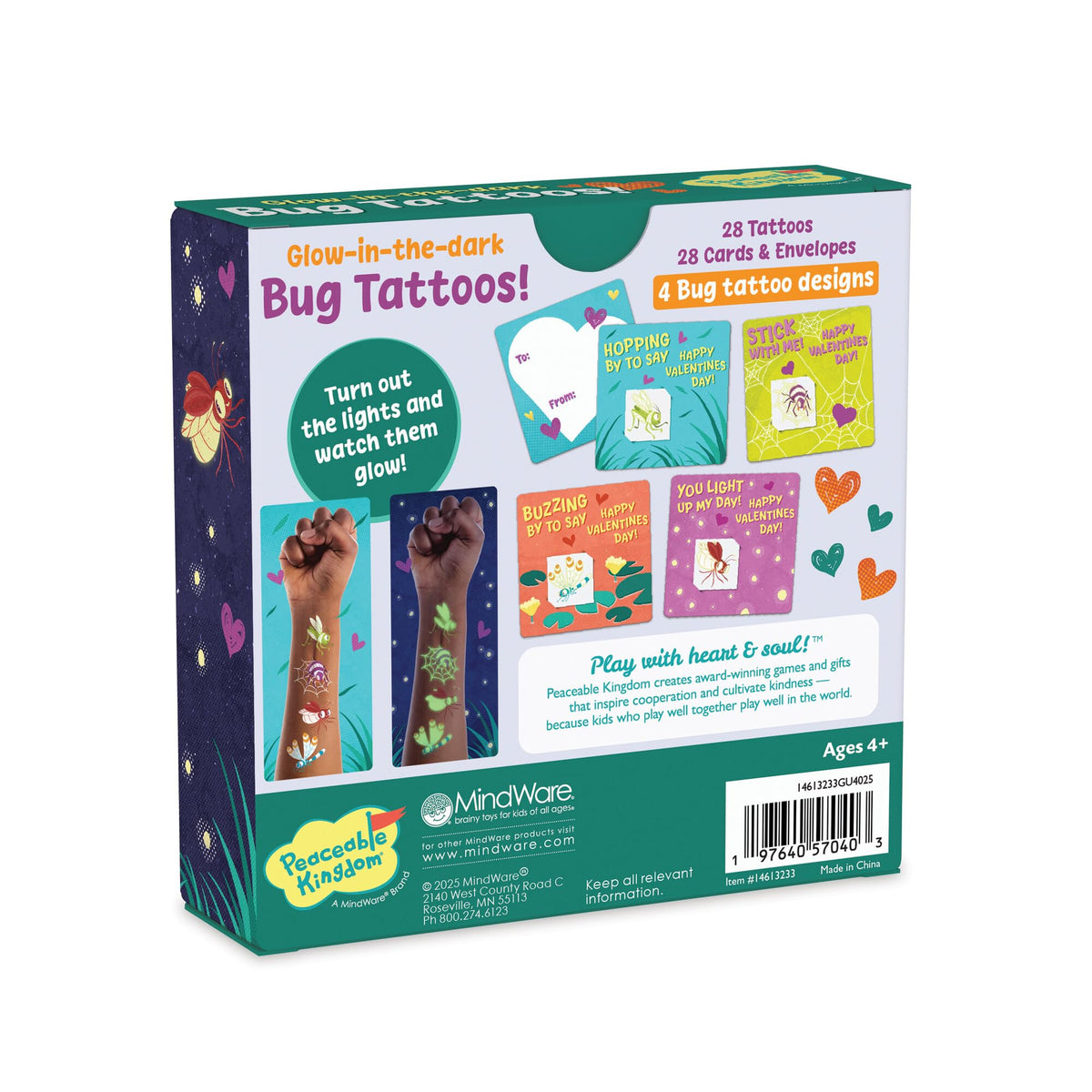 Peaceable Kingdom 28 Glow-in-the-Dark Bug Tattoos – Valentines Cards & Classroom Favors