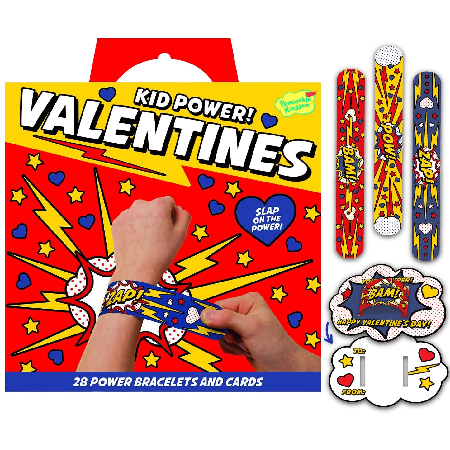 Peaceable Kingdom Kid Power Valentines Cards with Slap Bracelets | 28-Card Classroom Gift Set