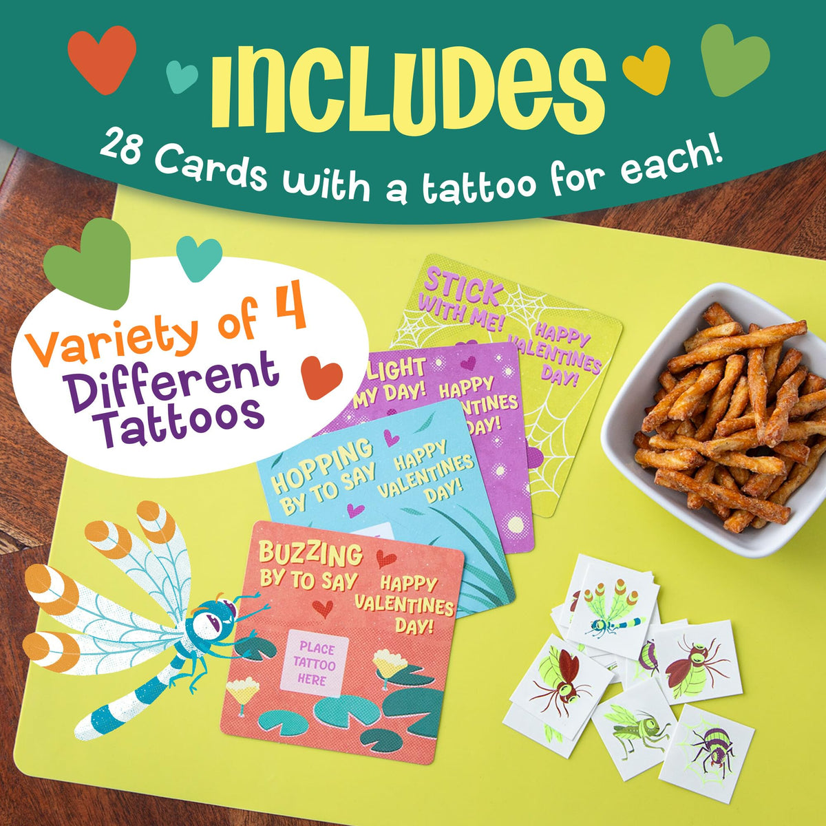 Peaceable Kingdom 28 Glow-in-the-Dark Bug Tattoos – Valentines Cards & Classroom Favors