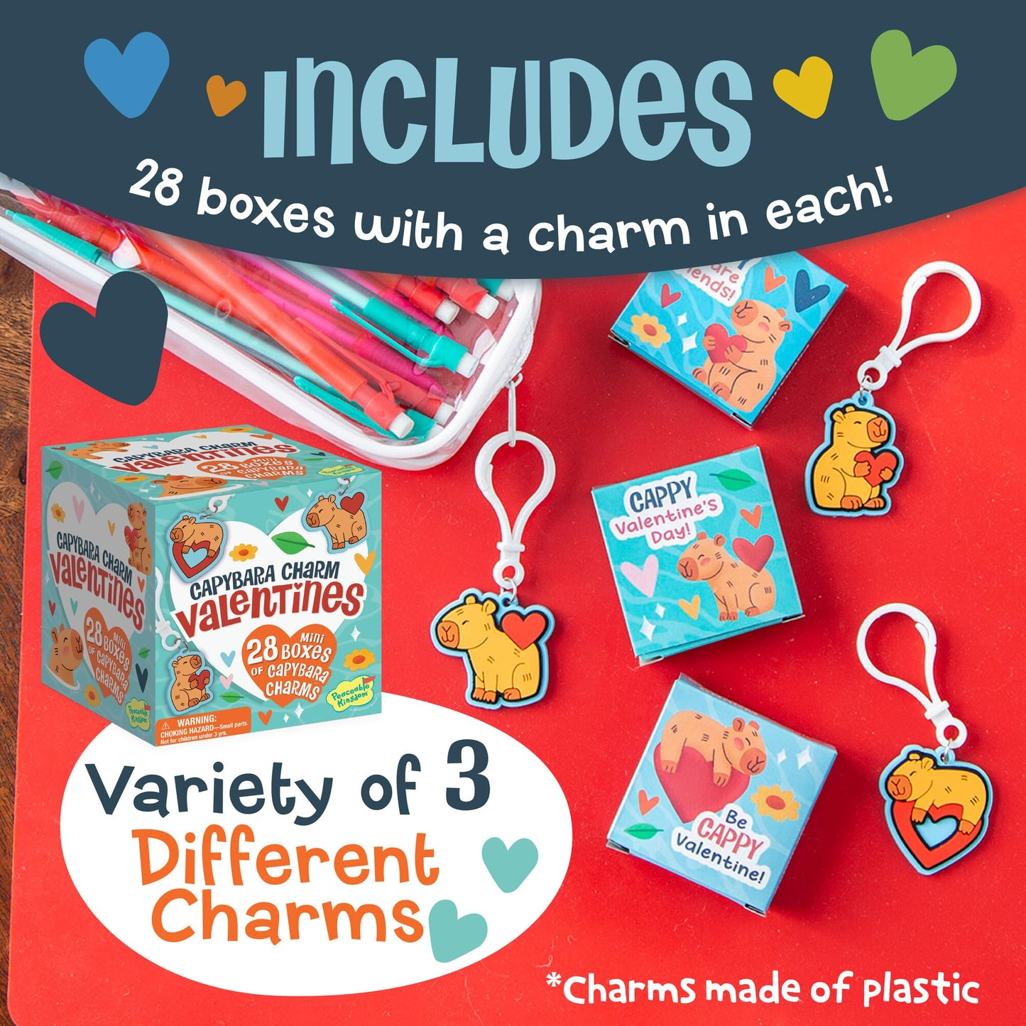 Peaceable Kingdom Valentines Box for Kids — Capybara Charm Valentines (28-Pack) | Classroom Gift Kit