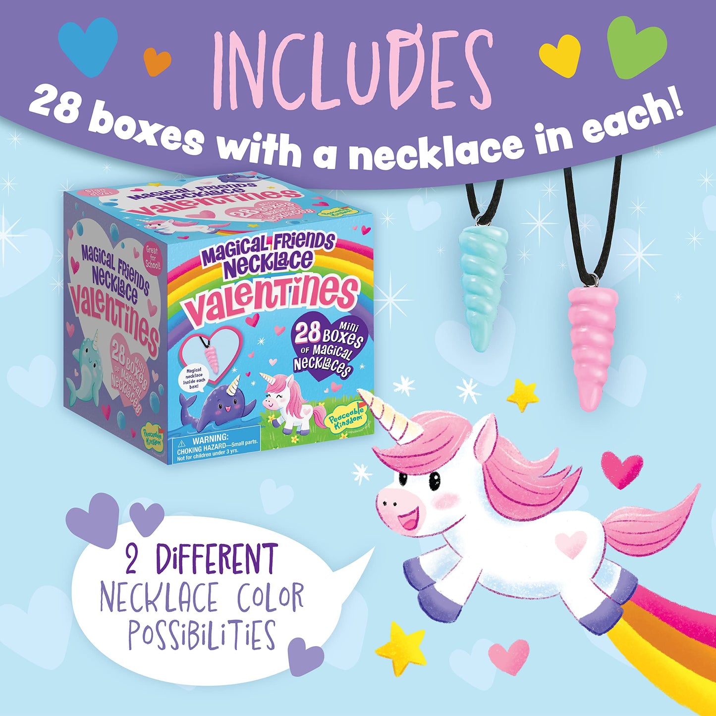 Peaceable Kingdom Valentines Cards for Kids Classroom – 28 Cards with Magical Friends Unicorn and Narwhal Horn Necklaces