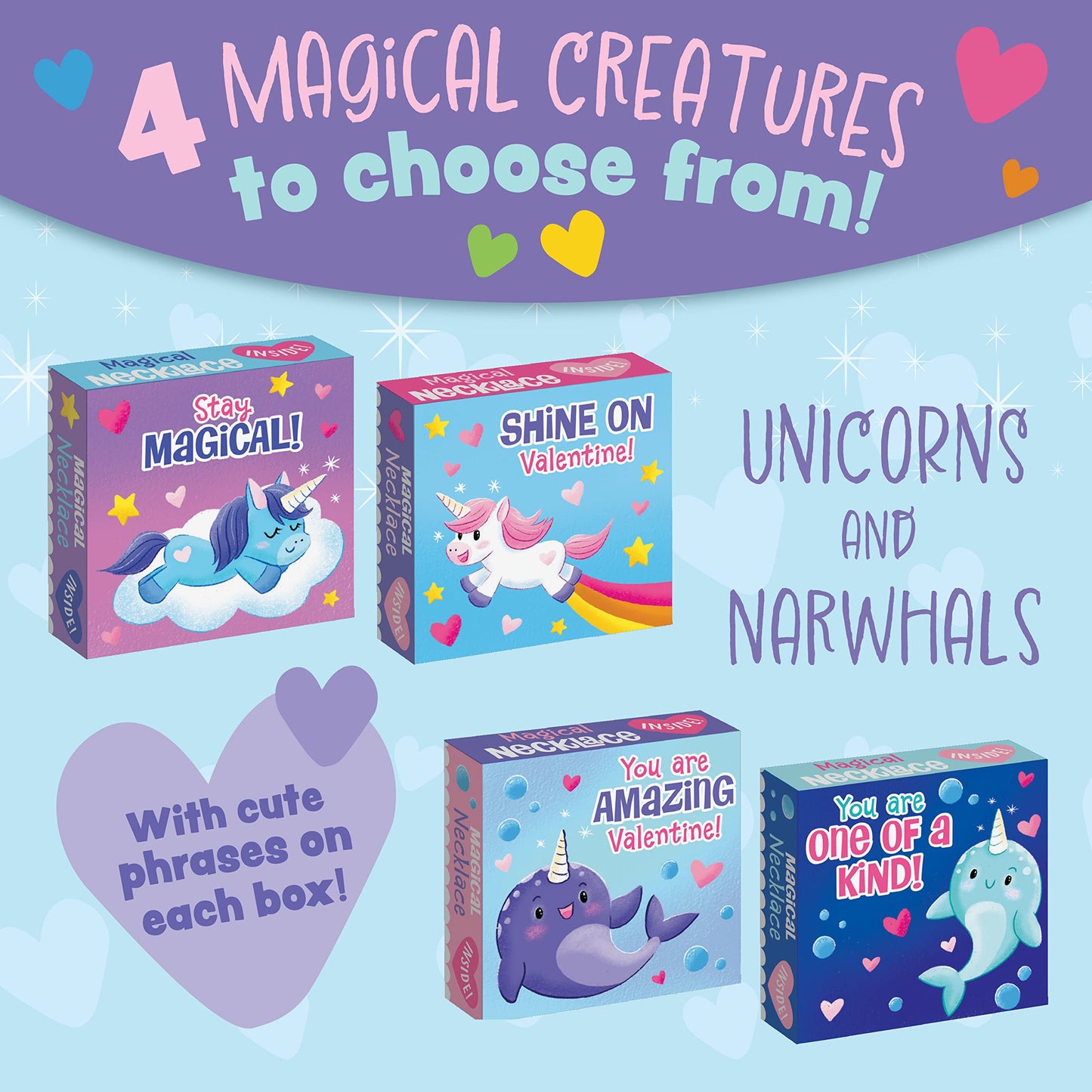 Peaceable Kingdom Valentines Cards for Kids Classroom – 28 Cards with Magical Friends Unicorn and Narwhal Horn Necklaces