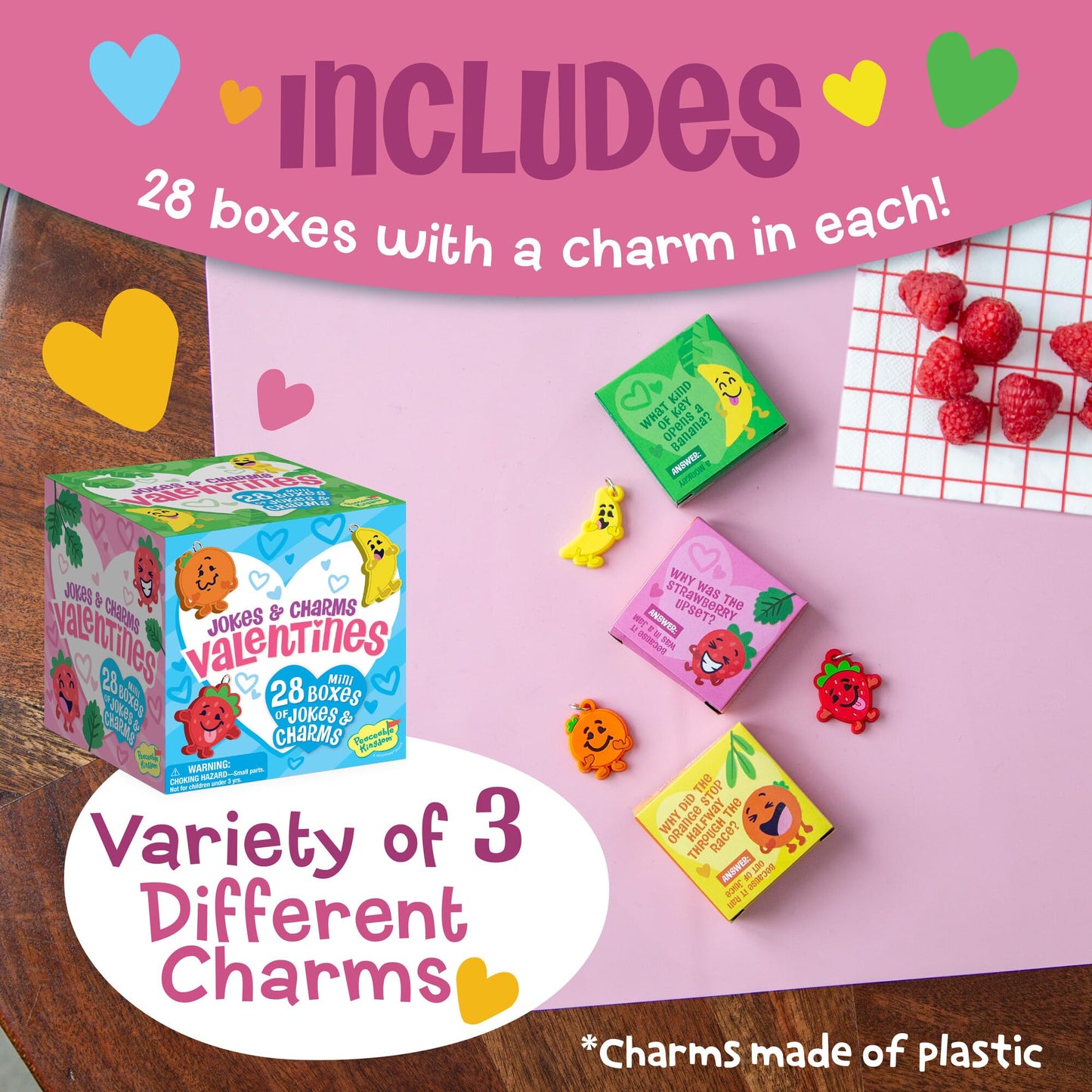 Peaceable Kingdom Valentines Cards for Kids – 28 Card Set with Fruit Charms & Silly Jokes