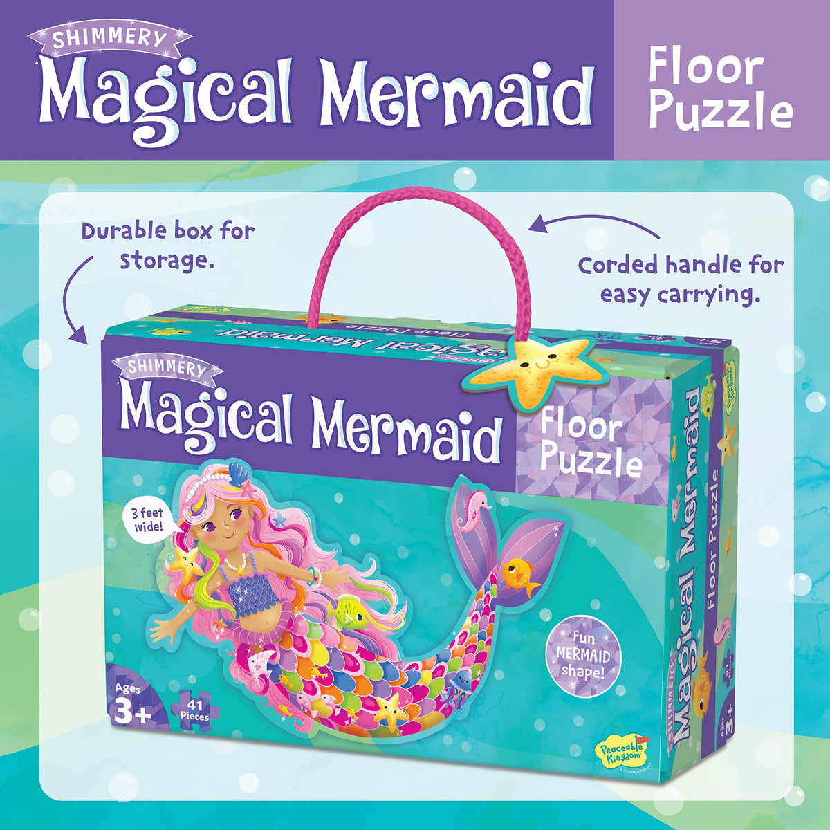 Peaceable Kingdom Shimmery Mermaid Floor Puzzle – 41 Large Pieces, 3ft x 2.5ft