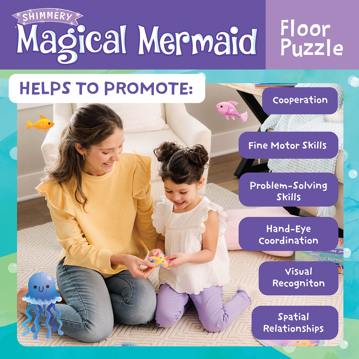 Peaceable Kingdom Shimmery Mermaid Floor Puzzle – 41 Large Pieces, 3ft x 2.5ft
