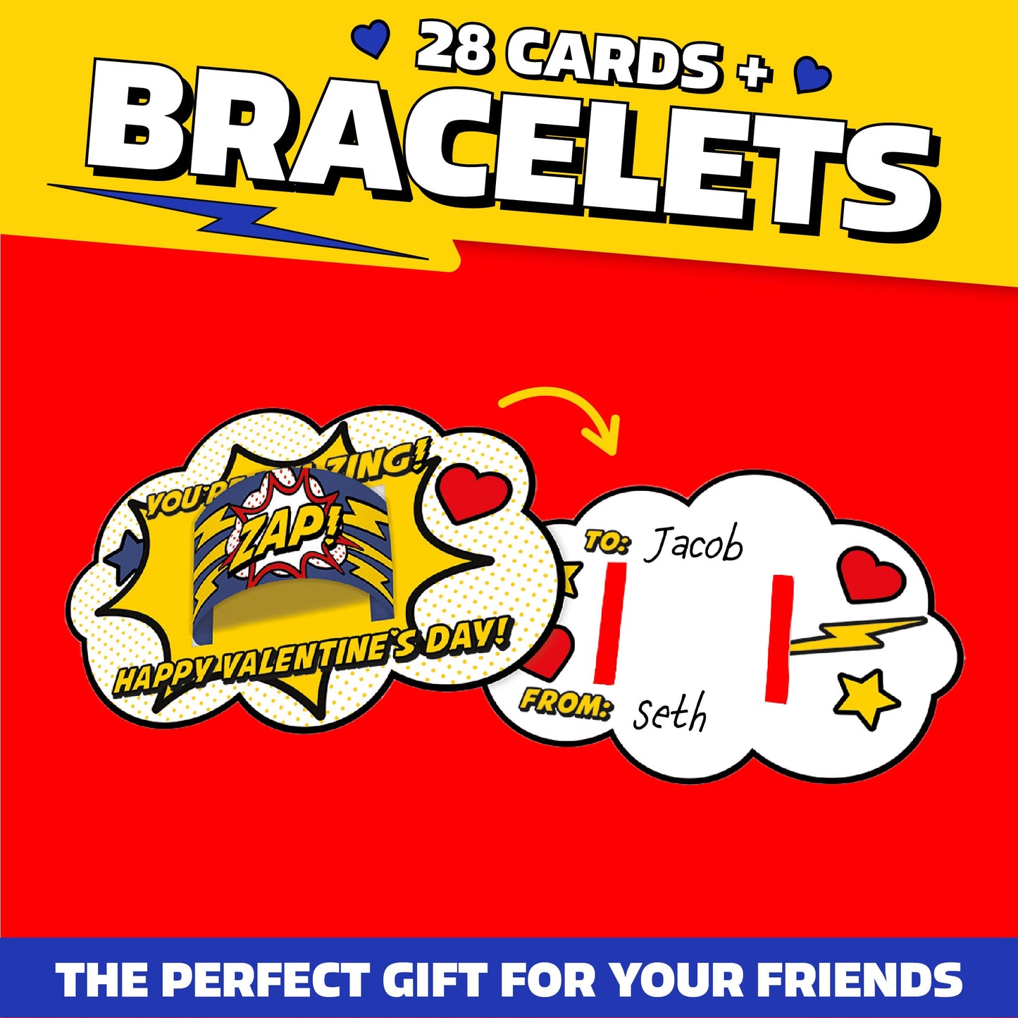 Peaceable Kingdom Kid Power Valentines Cards with Slap Bracelets | 28-Card Classroom Gift Set
