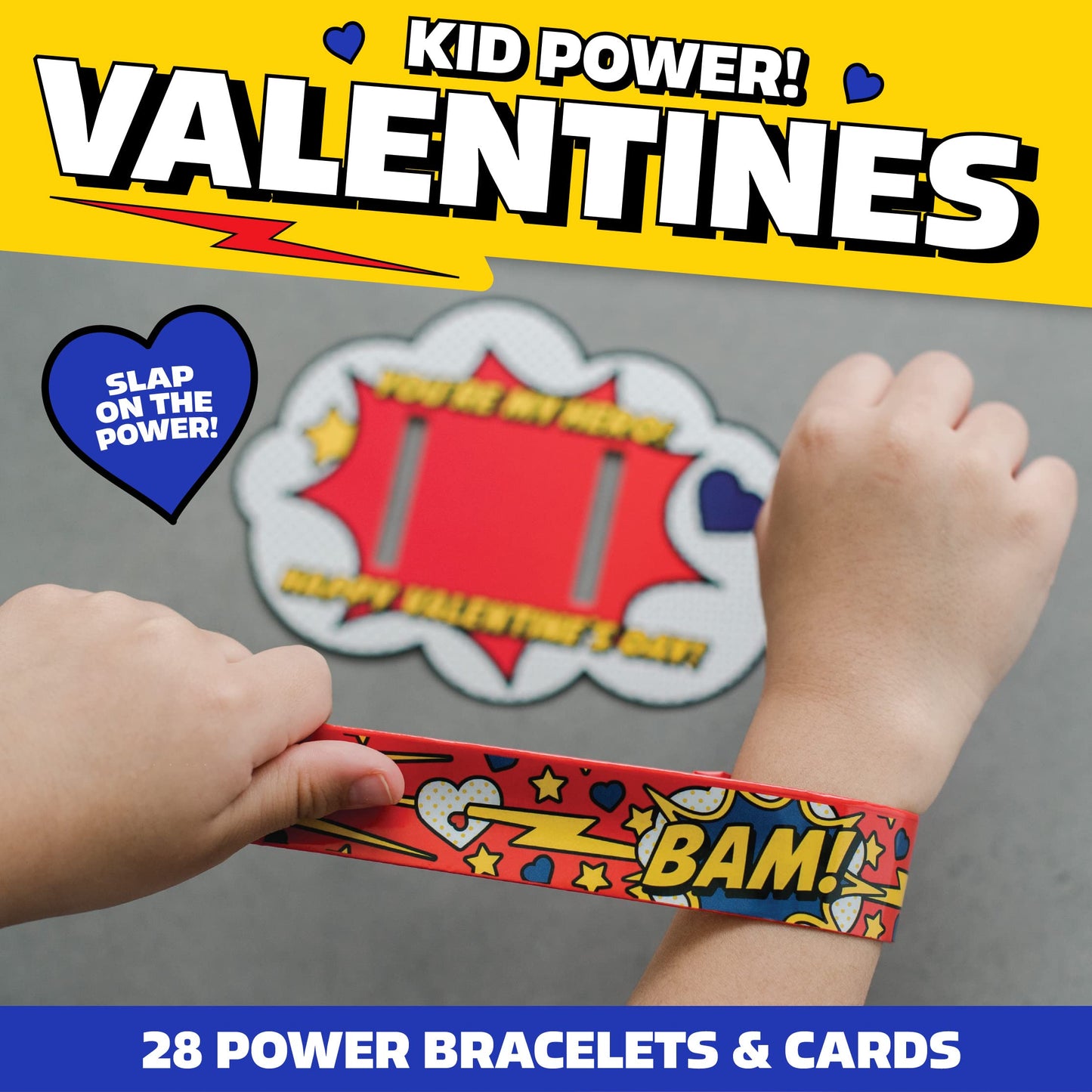 Peaceable Kingdom Kid Power Valentines Cards with Slap Bracelets | 28-Card Classroom Gift Set