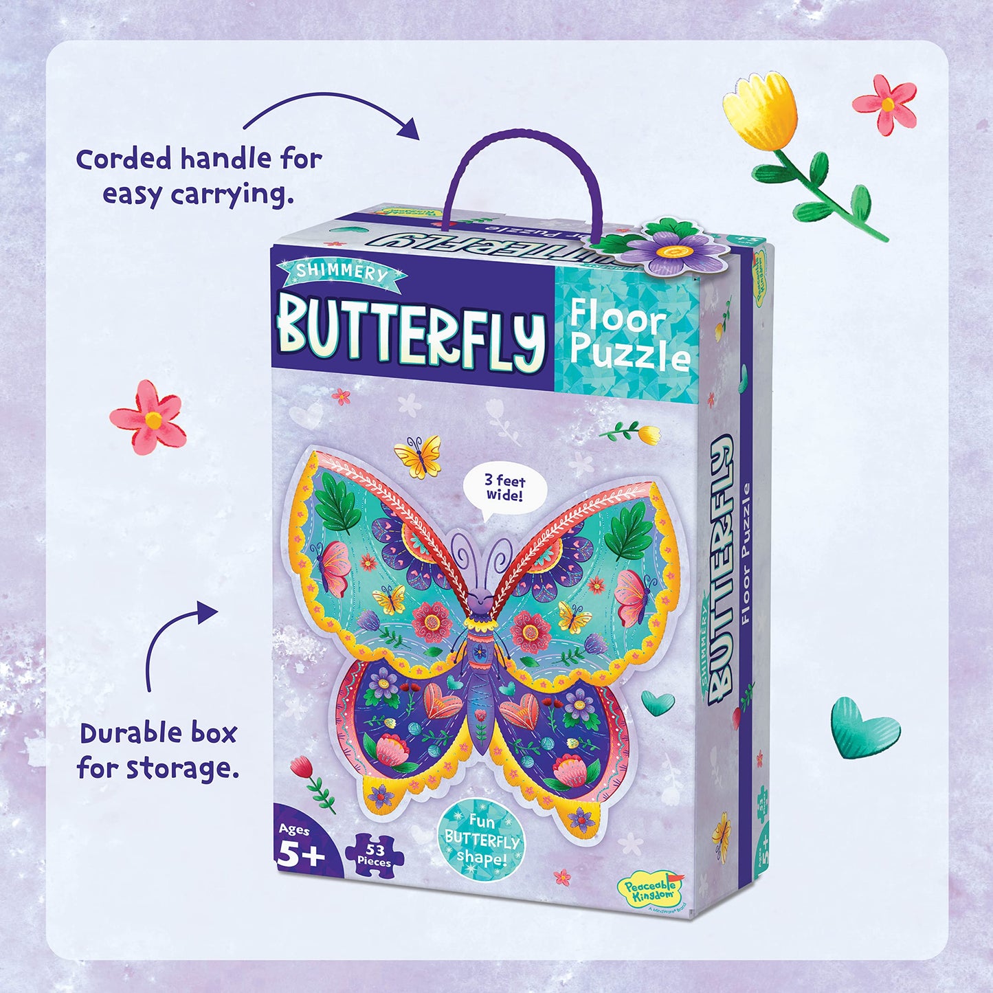 Peaceable Kingdom Shimmery Butterfly Floor Puzzle – 53-Piece Giant Floor Puzzle for Kids 5+