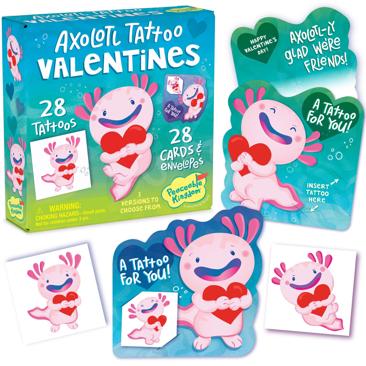 Peaceable Kingdom Valentines Box for Kids – Axolotl Tattoos with 28 Valentines & Envelopes