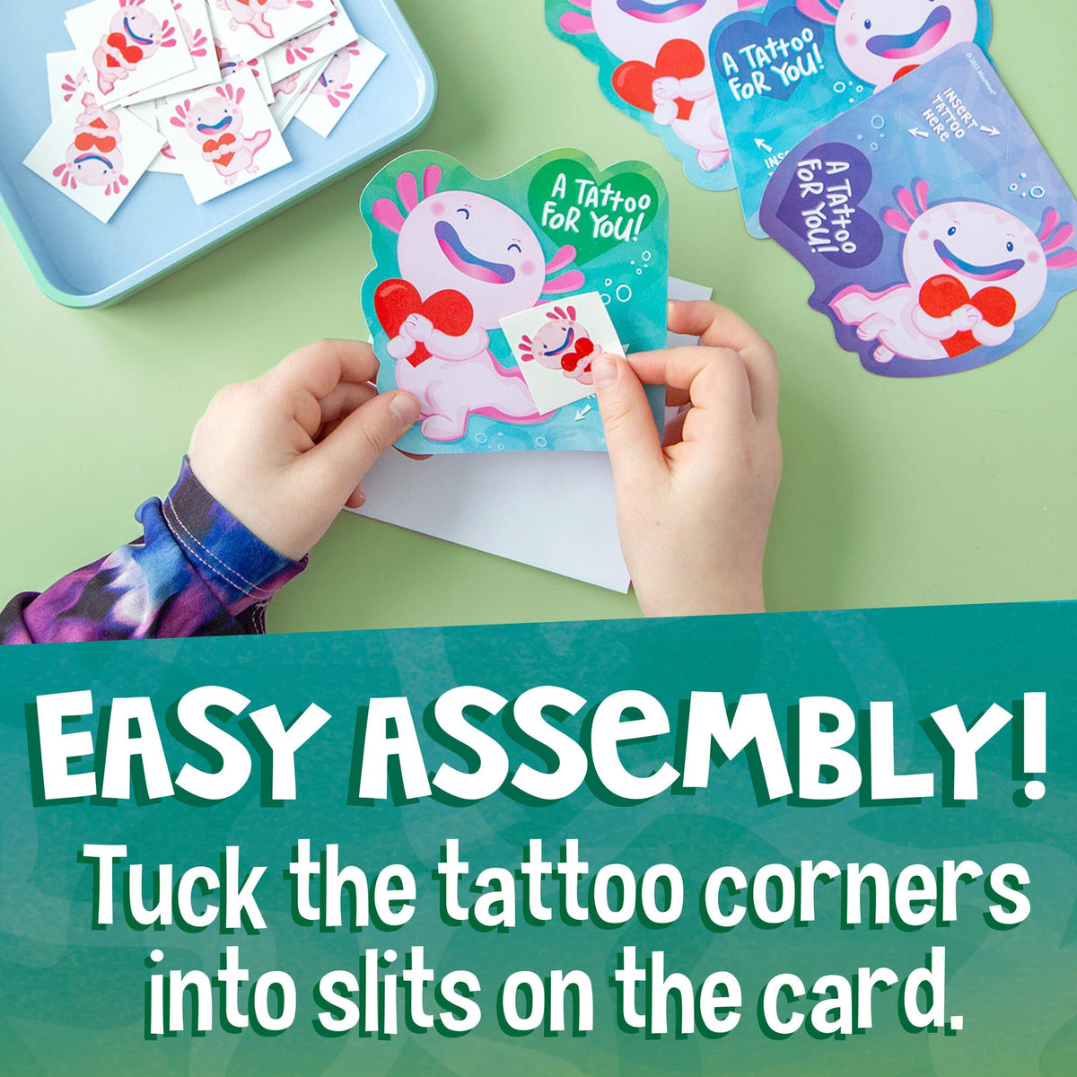 Peaceable Kingdom Valentines Box for Kids – Axolotl Tattoos with 28 Valentines & Envelopes