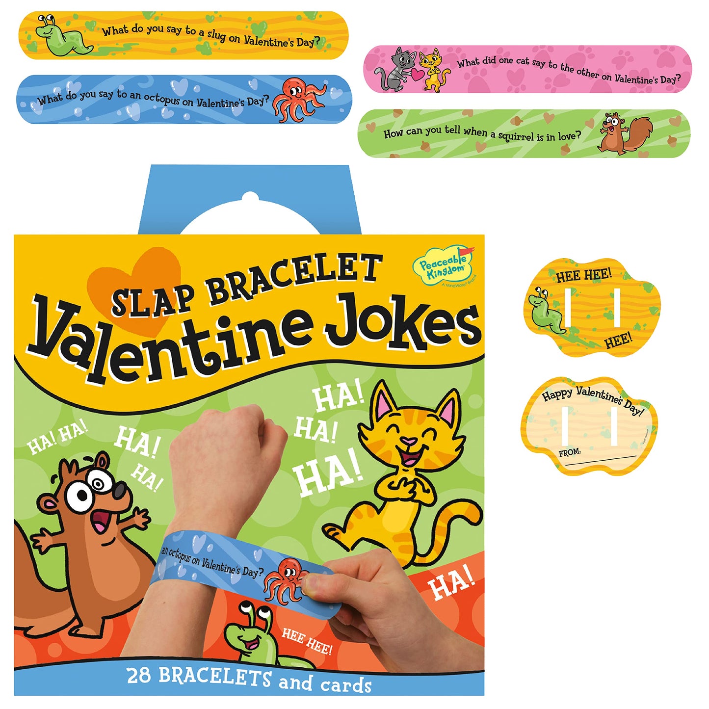 Peaceable Kingdom Valentines Cards for Kids Classroom – 28 Jokes Slap Bracelets