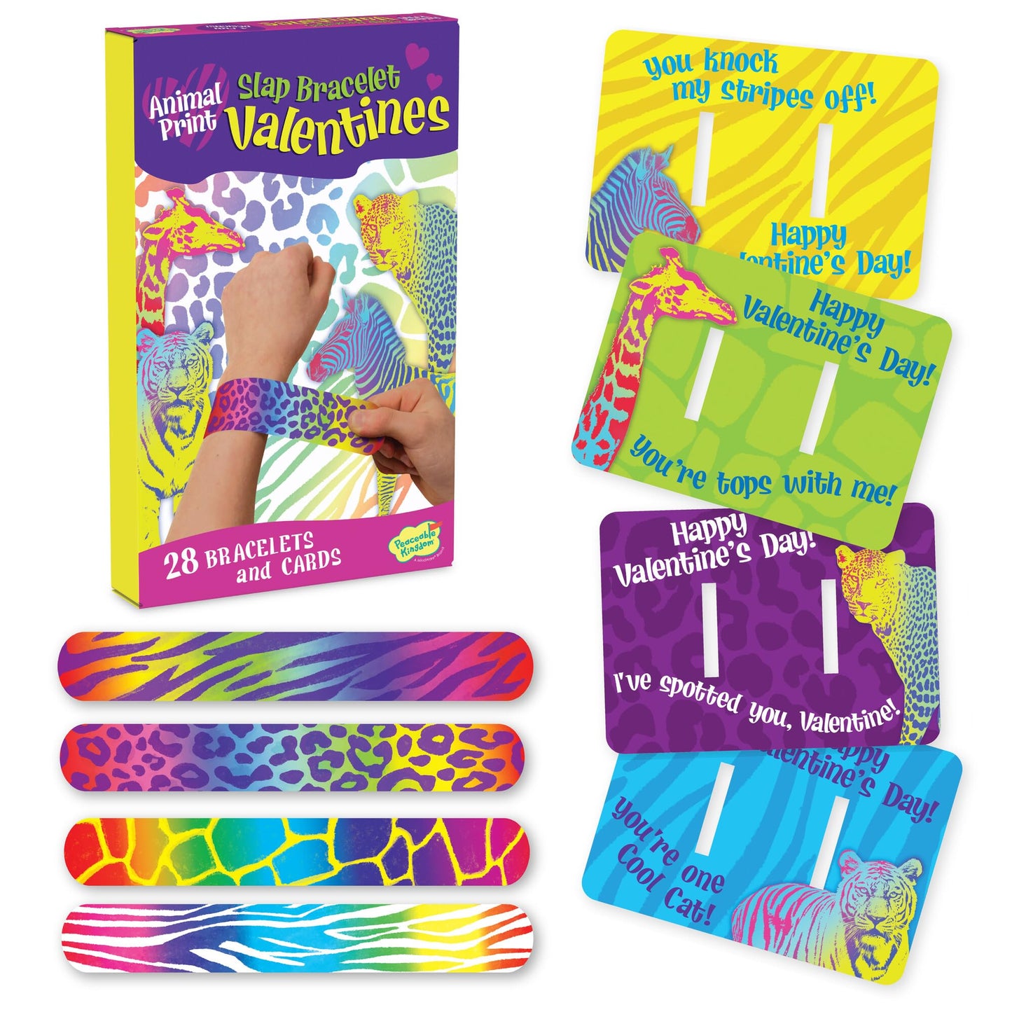 Peaceable Kingdom Valentines Cards for Kids — 28 Animal-Print Slap Bracelets