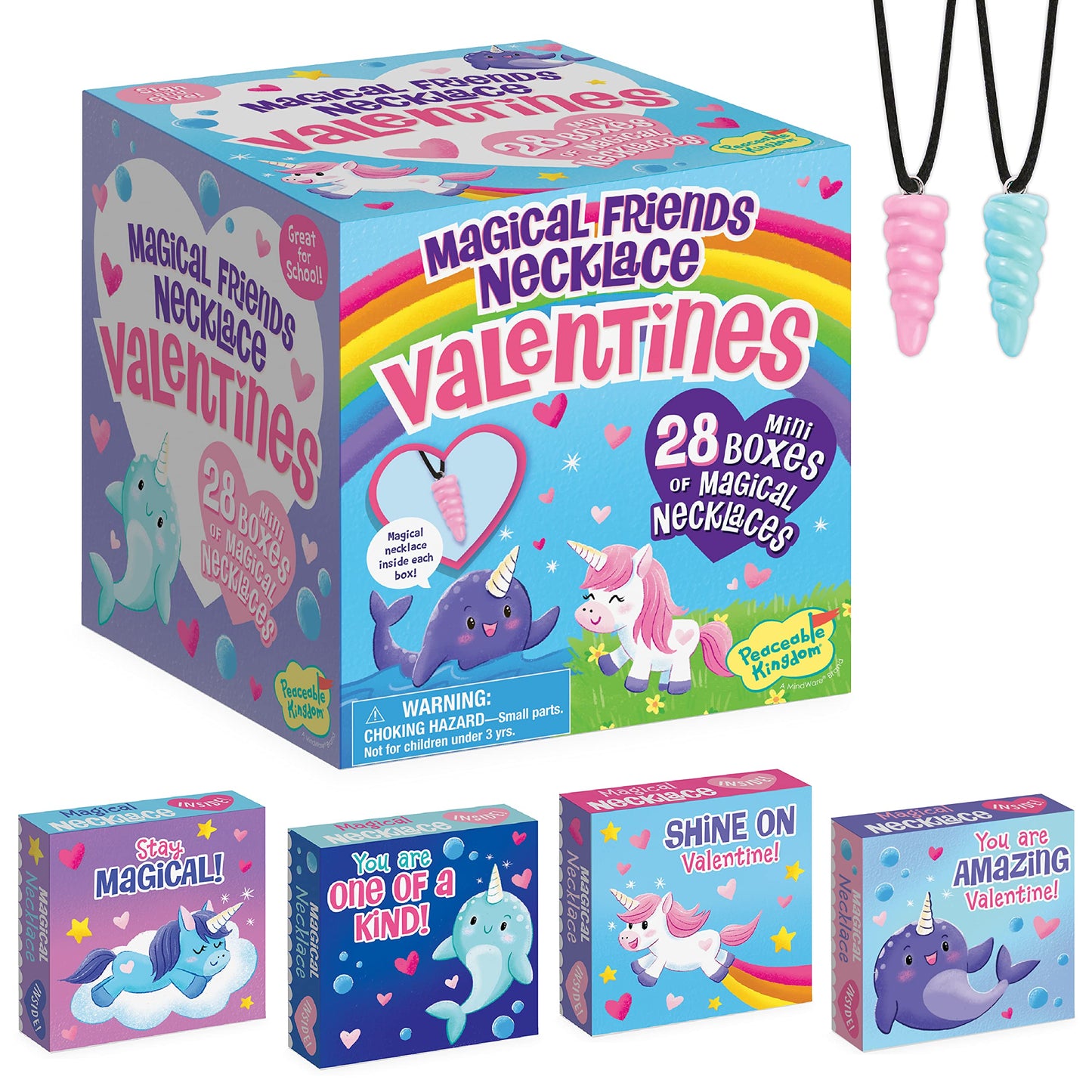 Peaceable Kingdom Valentines Cards for Kids Classroom – 28 Cards with Magical Friends Unicorn and Narwhal Horn Necklaces