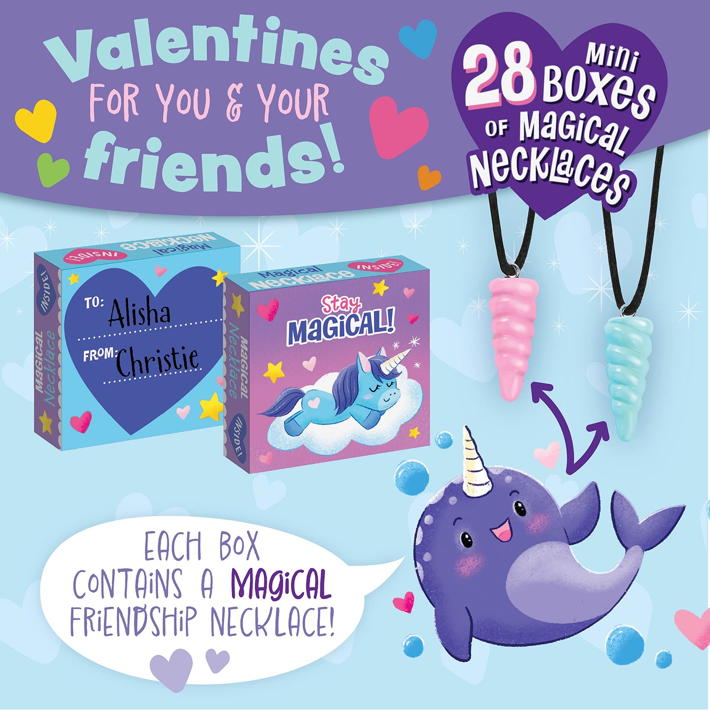 Peaceable Kingdom Valentines Cards for Kids Classroom – 28 Cards with Magical Friends Unicorn and Narwhal Horn Necklaces