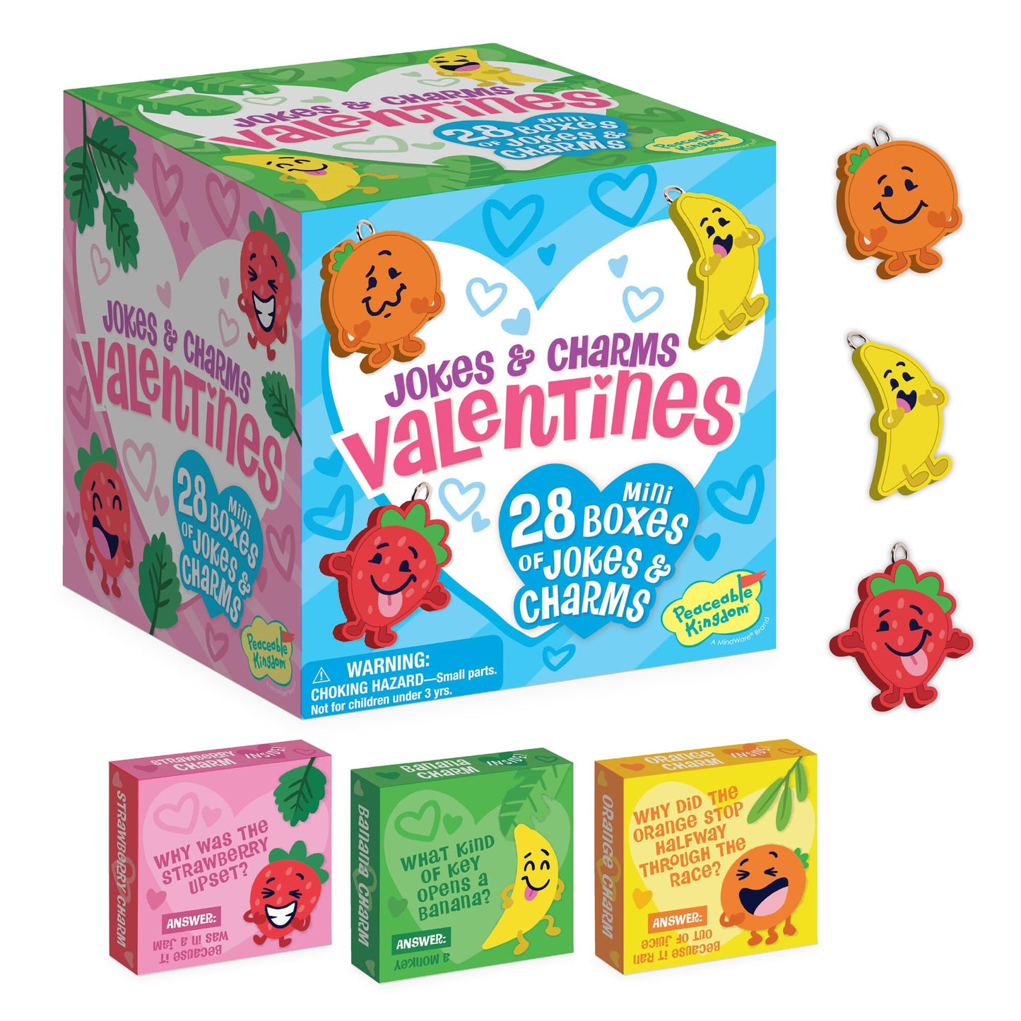 Peaceable Kingdom Valentines Cards for Kids – 28 Card Set with Fruit Charms & Silly Jokes