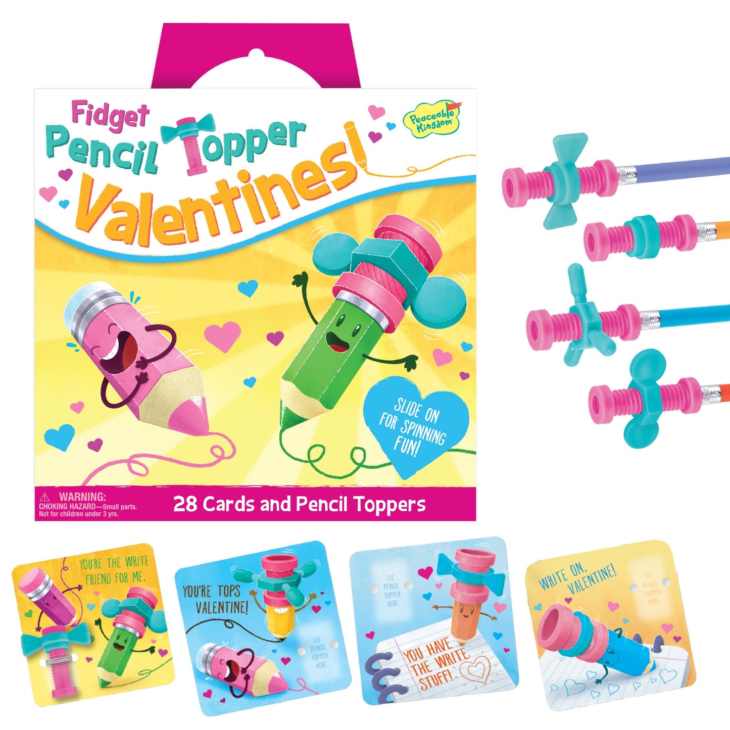 Peaceable Kingdom Valentines Cards for Kids Classroom – 28 Fidget Spinner Pencil Toppers
