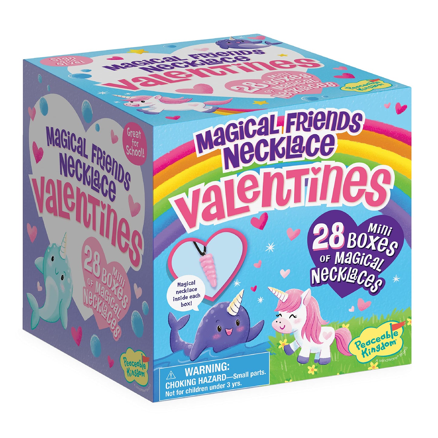 Peaceable Kingdom Valentines Cards for Kids Classroom – 28 Cards with Magical Friends Unicorn and Narwhal Horn Necklaces