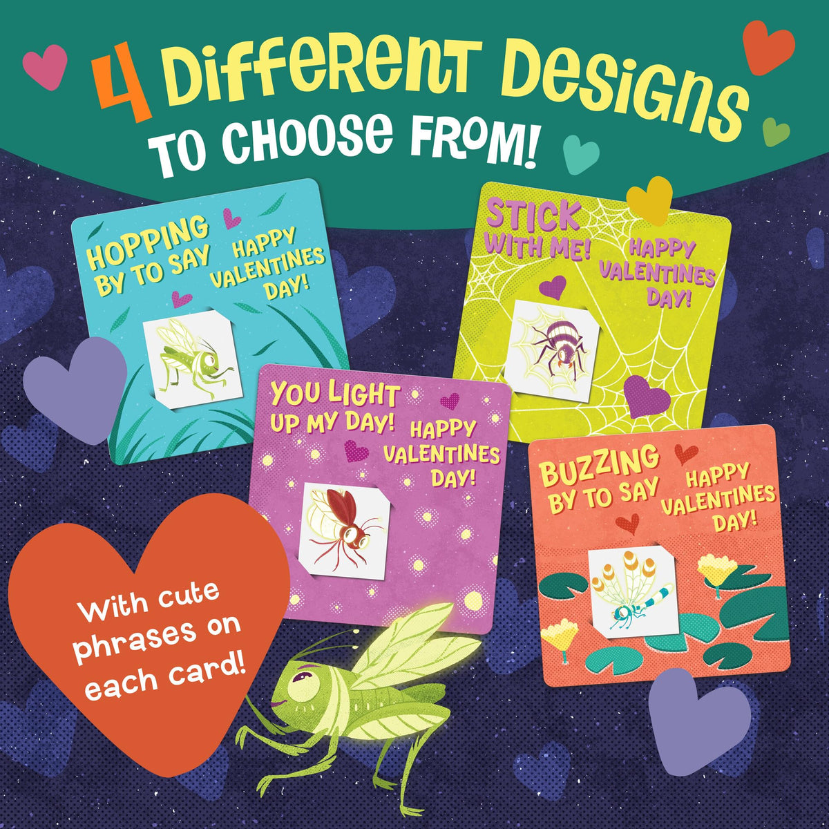 Peaceable Kingdom 28 Glow-in-the-Dark Bug Tattoos – Valentines Cards & Classroom Favors