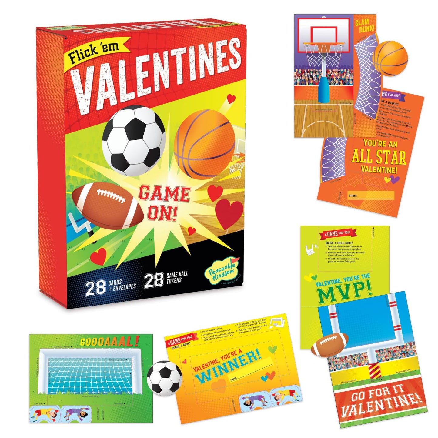 Peaceable Kingdom Valentines Cards for Kids – Flick 'em Sports Games (Set of 28, with Envelopes)