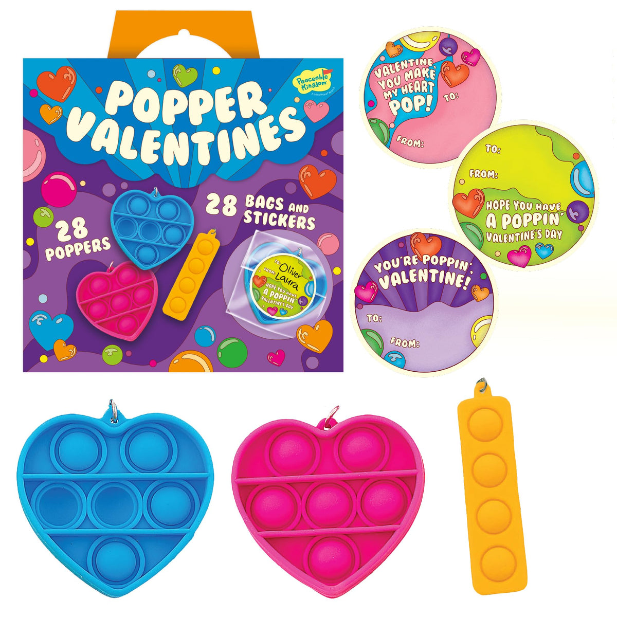 Peaceable Kingdom Valentines Cards for Kids — 28 Mini Heart Popper Fidget Toys for Classroom Exchange | Ages 4+