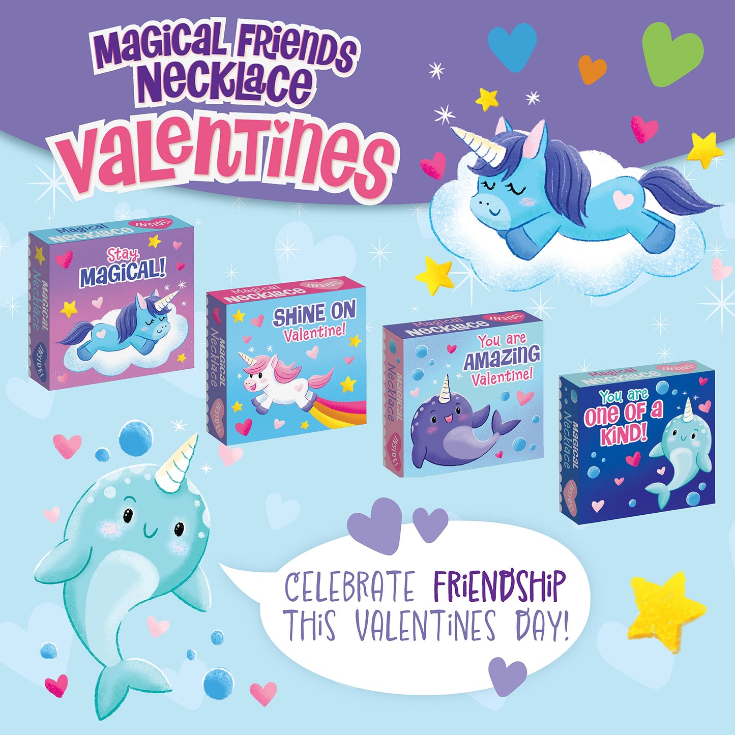 Peaceable Kingdom Valentines Cards for Kids Classroom – 28 Cards with Magical Friends Unicorn and Narwhal Horn Necklaces