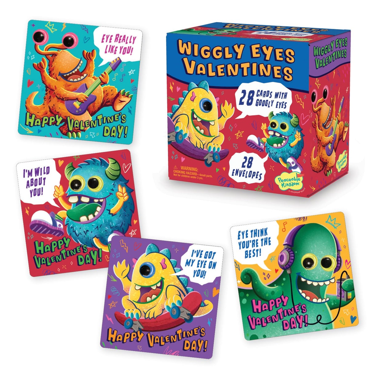 Peaceable Kingdom 28 Monster Valentines with Wiggly Eyes – Fun Classroom Gifts