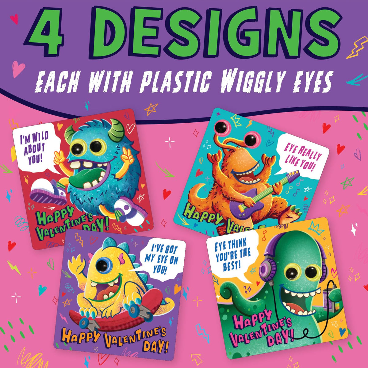 Peaceable Kingdom 28 Monster Valentines with Wiggly Eyes – Fun Classroom Gifts