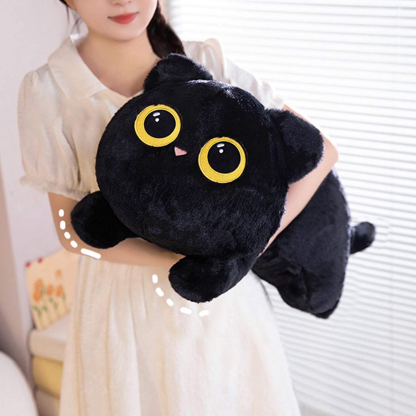 PEACH CAT 27.5-Inch Long Cat Plush Pillow – Black Kawaii Kitten Stuffed Toy
