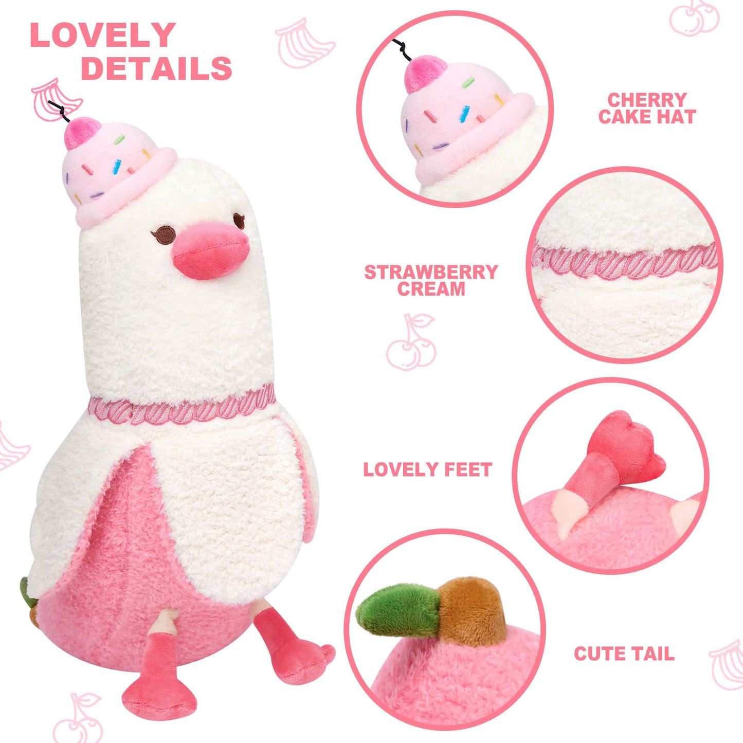 PEACH CAT Banana Duck Plush Pillow – 12-inch Cherry Cake Hat Soft Plush Gift