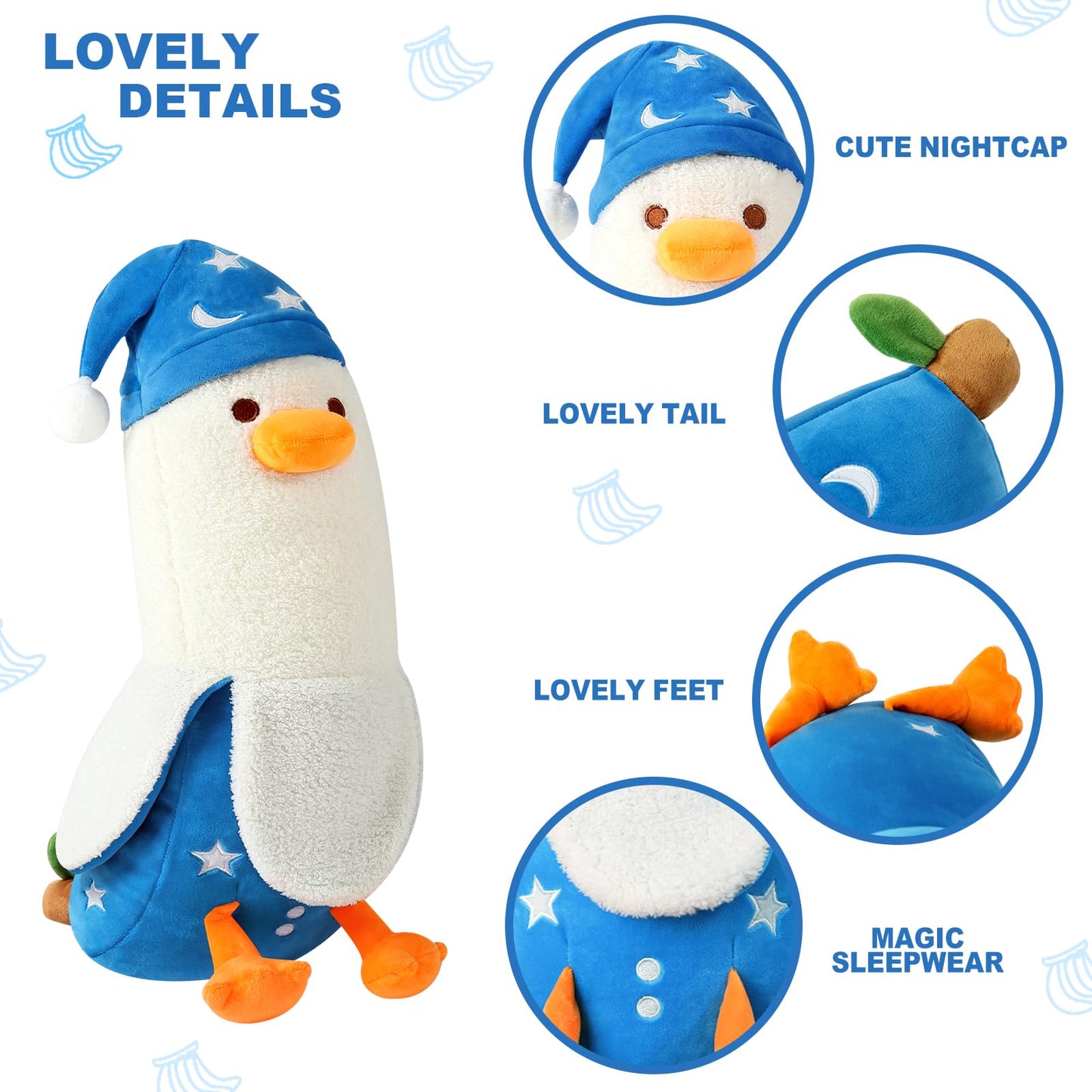 PEACH CAT Banana Duck Plush Pillow 19.7in – Nightcap Duck Stuffed Animal for Kids