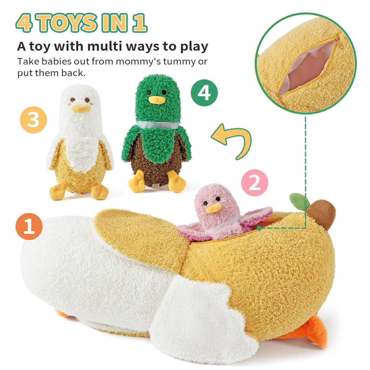 PEACH CAT Banana Duck Plush Set: Mommy 19.7-in with 3 Baby Ducks Inside