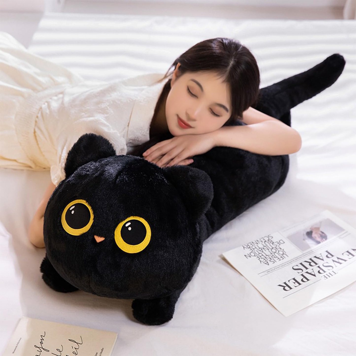 PEACH CAT 27.5-Inch Long Cat Plush Pillow – Black Kawaii Kitten Stuffed Toy