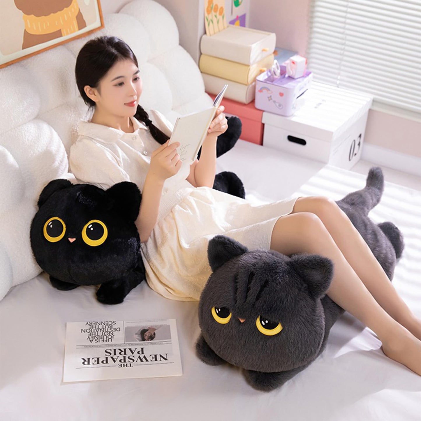 PEACH CAT 27.5-Inch Long Cat Plush Pillow – Black Kawaii Kitten Stuffed Toy