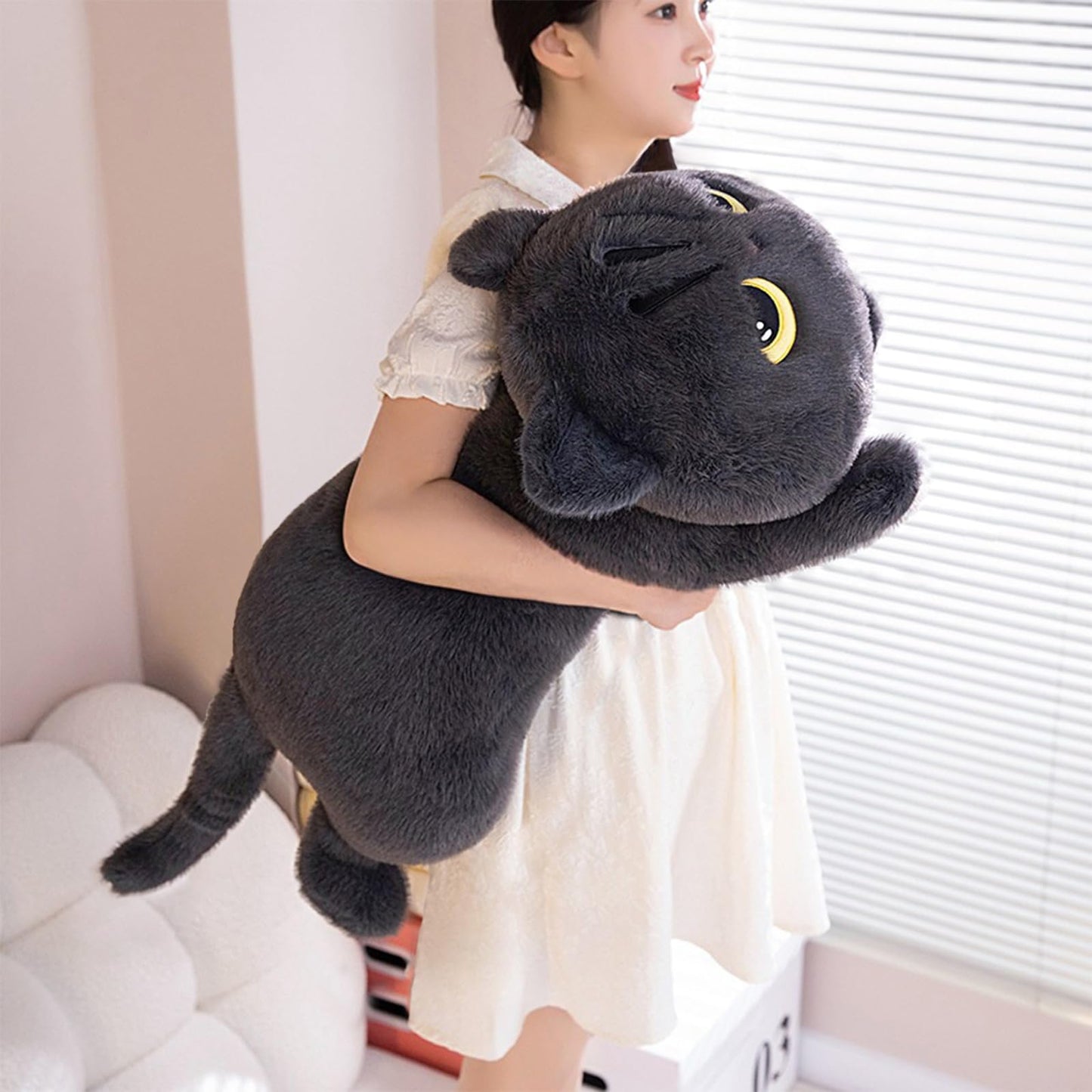 PEACH CAT 27.5-inch Long Cat Plush Pillow – Grey Kitten Stuffed Animal