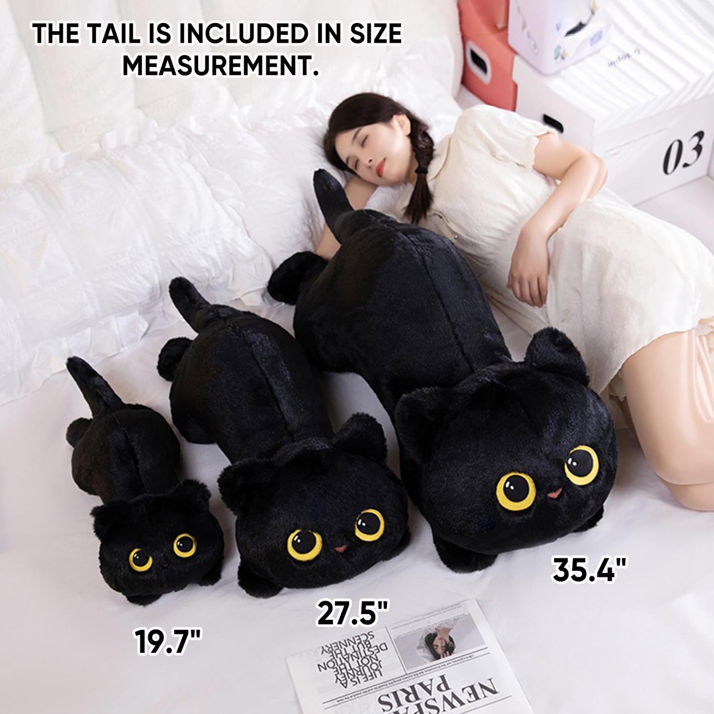 PEACH CAT 27.5-Inch Long Cat Plush Pillow – Black Kawaii Kitten Stuffed Toy