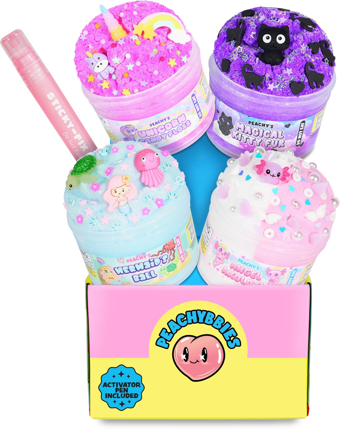 PEACHY Slime 4-Pack Fantasy Bundle – Unicorn Candy Floss, Mermaid's Ball, Angel Axolotl, Kitty Fur | Made in USA