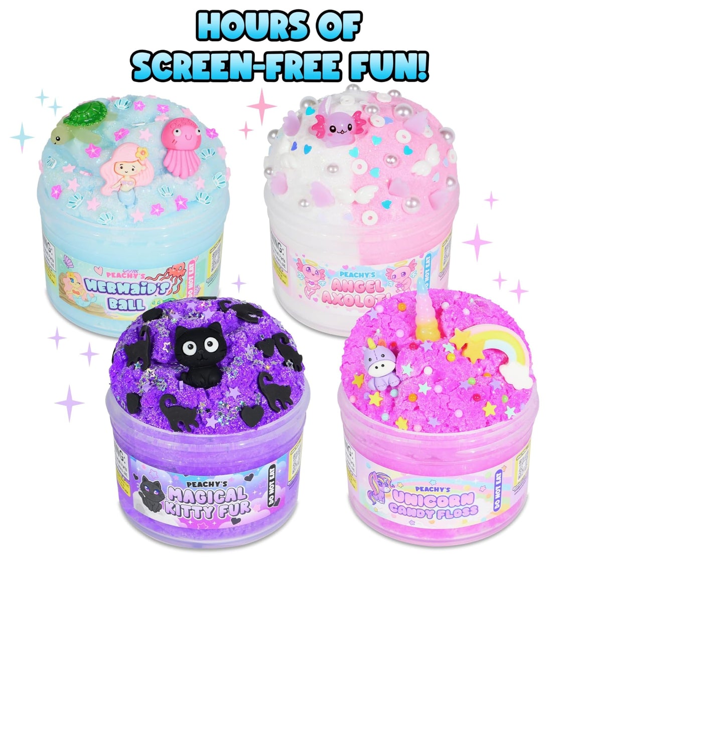 PEACHY Slime 4-Pack Fantasy Bundle – Unicorn Candy Floss, Mermaid's Ball, Angel Axolotl, Kitty Fur | Made in USA