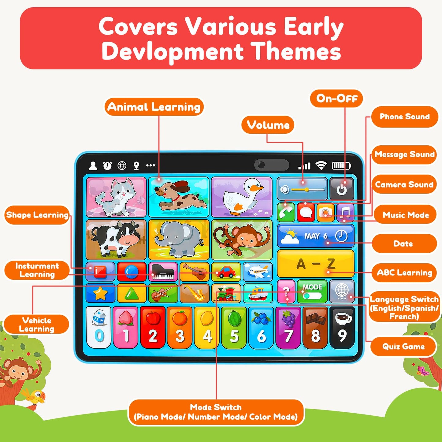 Peacurh Trilingual Learning Tablet with Music & Speech — Montessori Toy for Ages 1–3