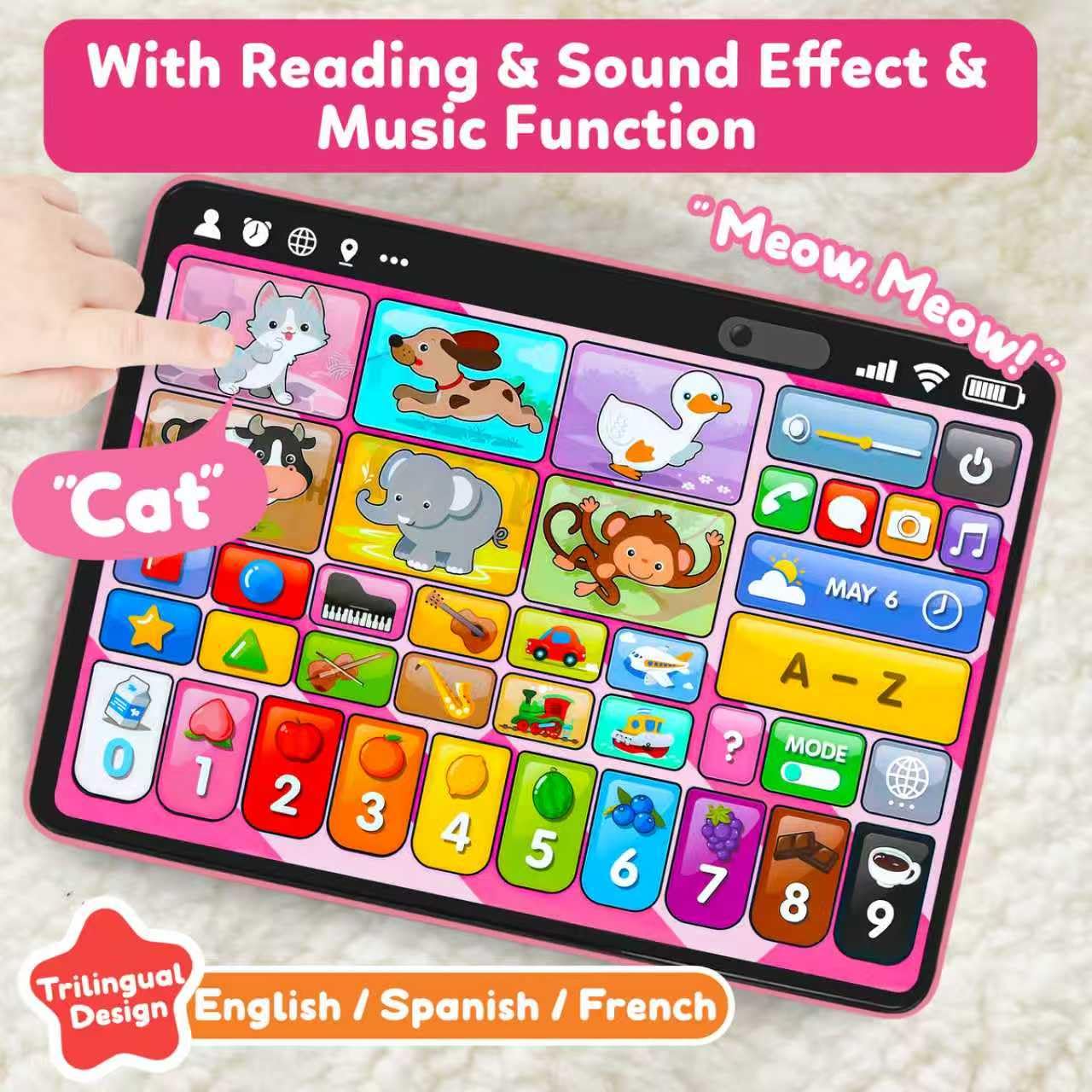 Peacurh Trilingual Learning Tablet – Pink Montessori Speech Therapy Toy 12-18M