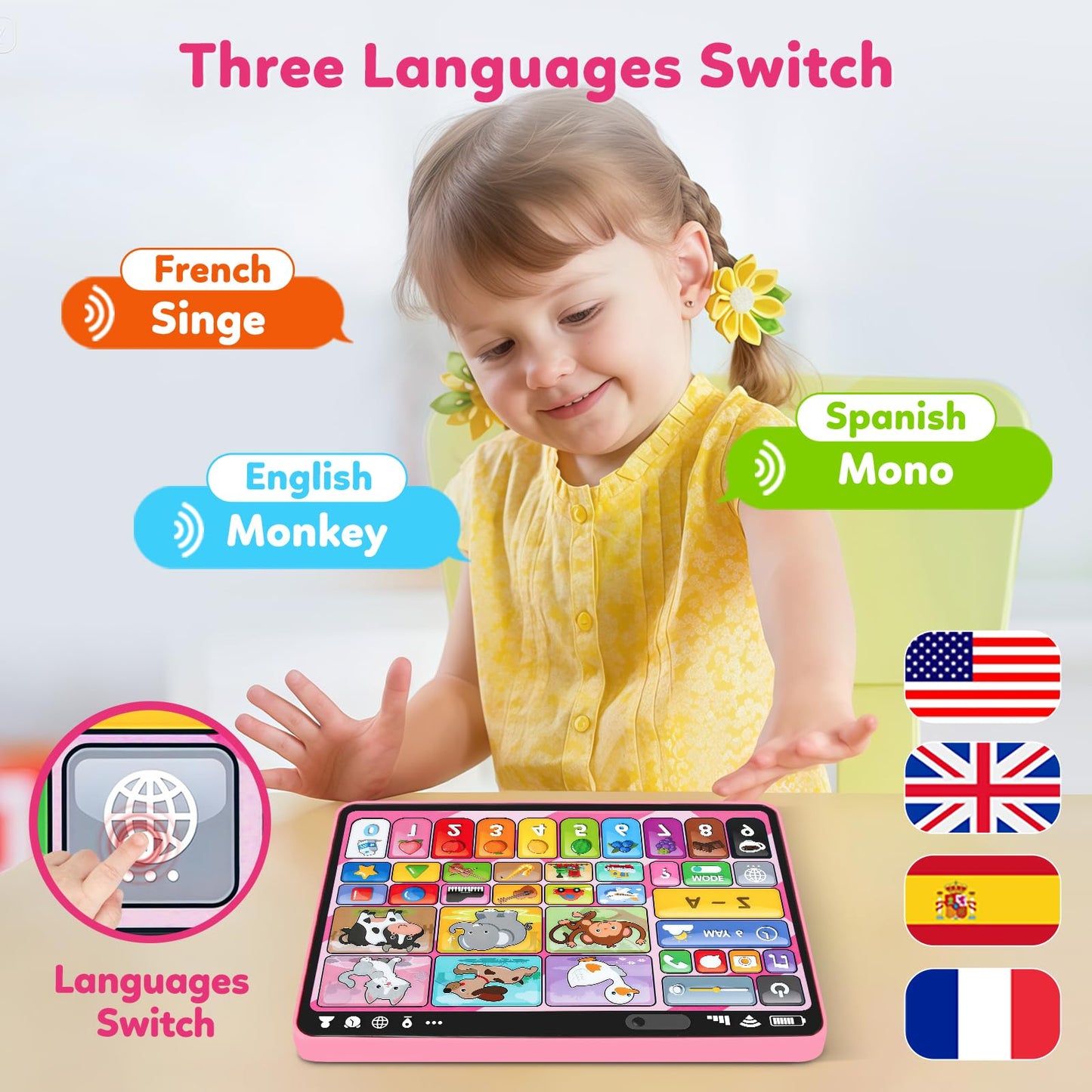 Peacurh Trilingual Learning Tablet – Pink Montessori Speech Therapy Toy 12-18M