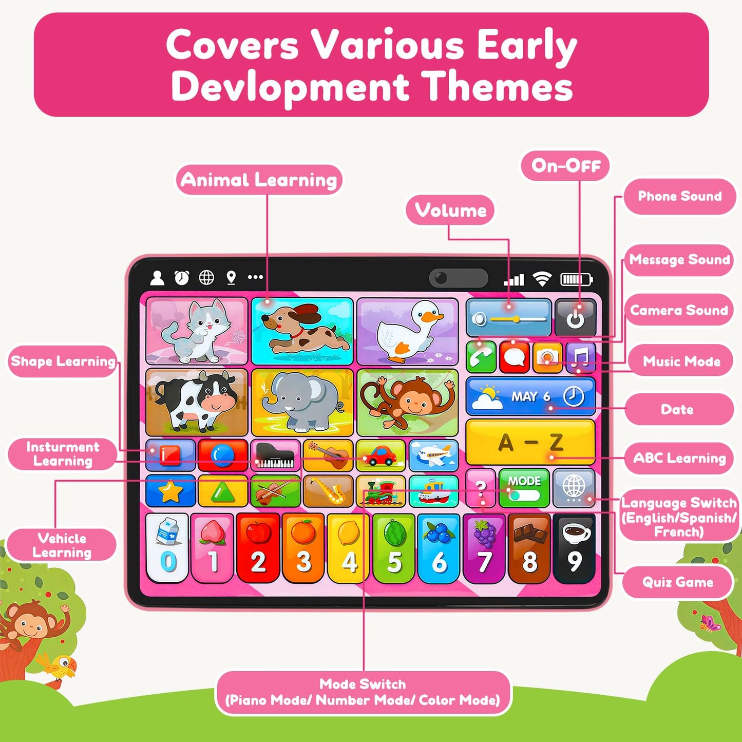Peacurh Trilingual Learning Tablet – Pink Montessori Speech Therapy Toy 12-18M