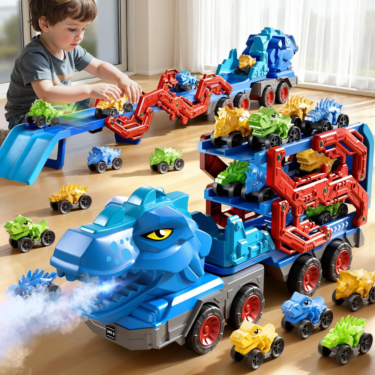 PEADUCK 10-in-1 Dinosaur Carrier Truck with Foldable Track, Lights & Sounds